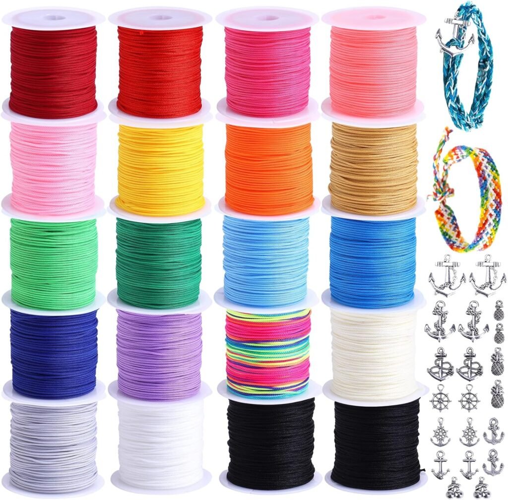 Nylon String for Bracelets, 20 Rolls Chinese Knotting Cord 0.7mm Kumihimo Friendship Bracelet String Making Kit Beading Thread for Jewelry Making, Necklaces, Macrame Craft, Wind Chime, Blinds String