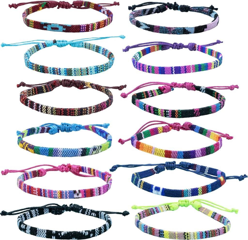 12 Woven Hippie Bracelets for Teen Girls, Adjustable VSCO Girl Braided String Friendship Bracelet for Women, Boho Braid Rope Surfer Jewelry for Men, Aesthetic Bracelets Stocking Stuffers for Teens