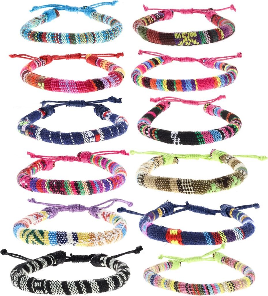 12 Woven Hippie Bracelets for Teen Girls, Adjustable VSCO Girl Braided String Friendship Bracelet for Women, Boho Braid Rope Surfer Jewelry for Men, Aesthetic Bracelets Stocking Stuffers for Teens
