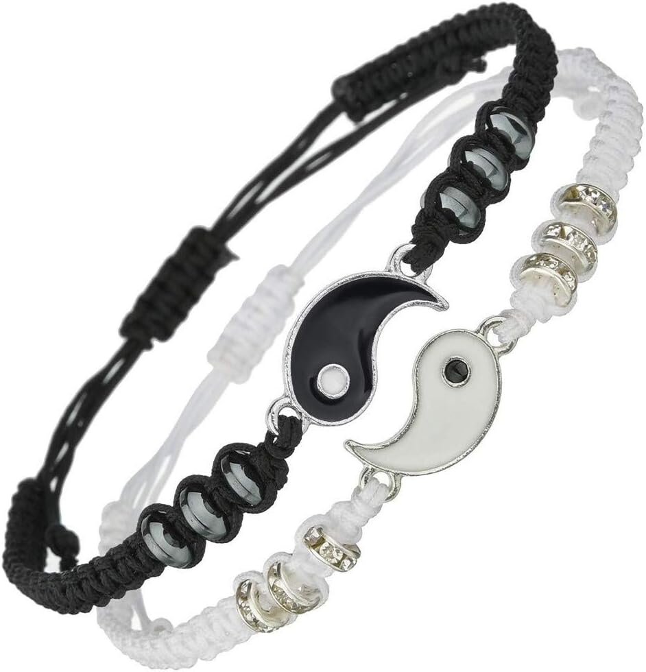 Best Friend Bracelets for 2 Matching Yin Yang Adjustable Cord Bracelet for Bff Friendship Relationship Boyfriend Girlfriend Valentines Gift