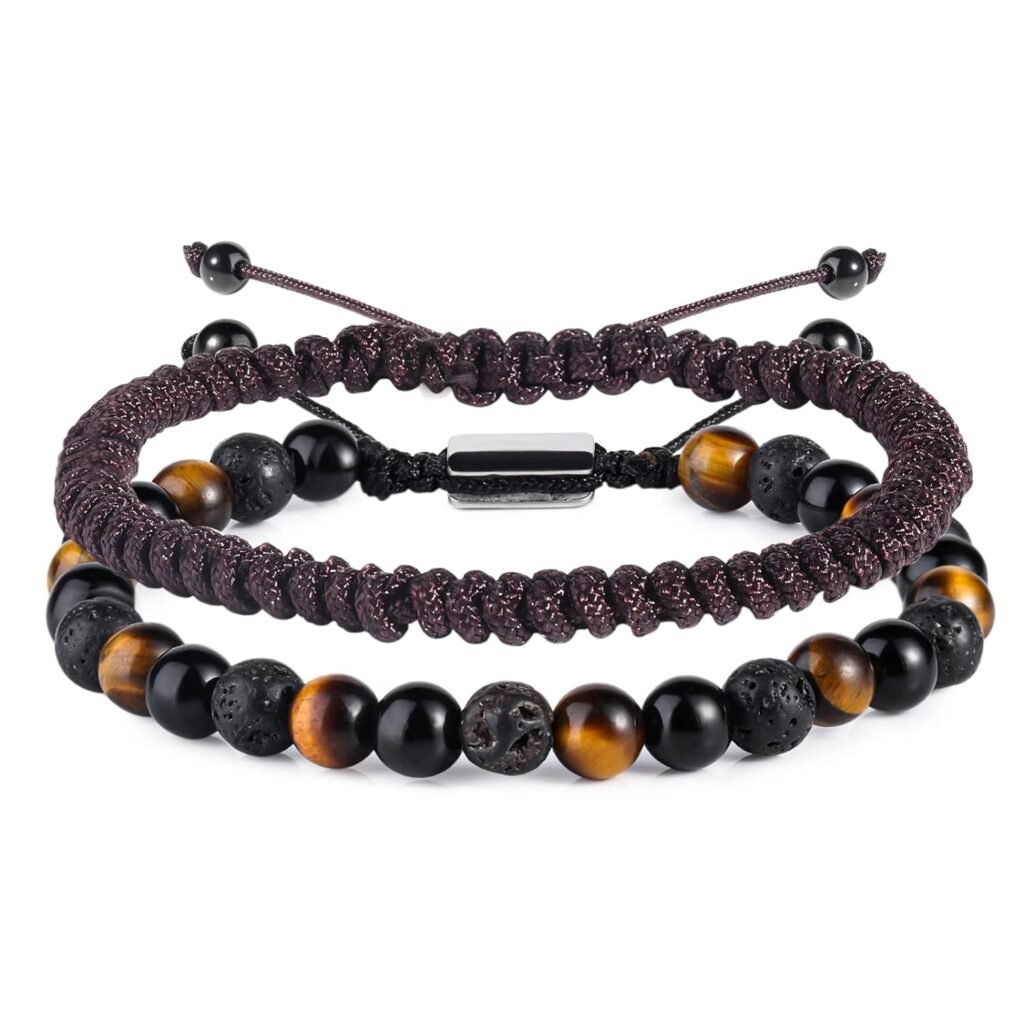 Natural Beaded Bracelets for Men Boys - 6mm Tiger Eye Obsidian Lava Beads Mens Bracelet Set for Couples - Fathers Day Gifts Birthday Gifts Mens Jewelry for Boyfriend Husband Him