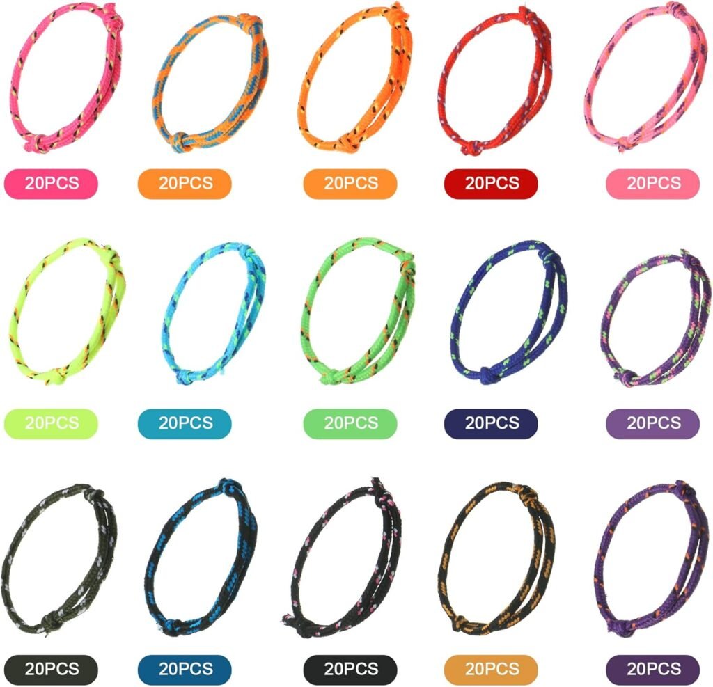 Hillban 300 Pcs Neon Friendship Bracelets Bulk for Kids Jelly Bracelets 80s Party Favors Gift Adjustable Paracord Bracelets Rope Woven Neon Christmas Goody Bag Stuffers Girls Boy Favors, 15 Colors