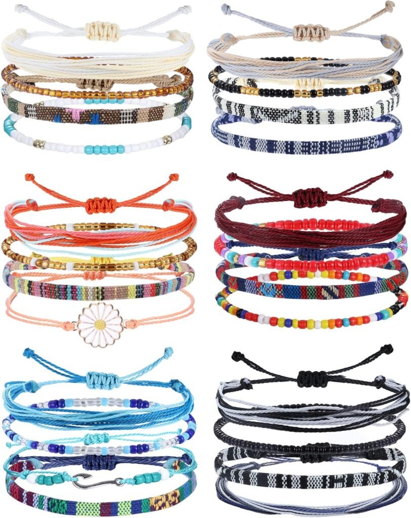 LOLIAS 24 Pieces Waterproof String Bracelets for Women Surfer Wave Boho Bracelet Adjustable Handmade Friendship Bracelet String Ocean Beach Boho Bracelets Anklets for Women