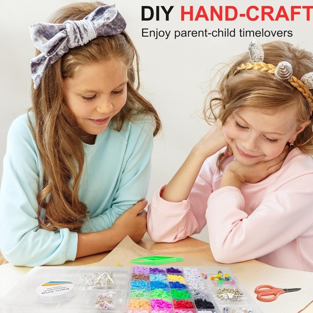 Redtwo 6200 Pcs Clay Beads Bracelet Making Kit, Flat Round Polymer Heishi Friendship Bracelet Jewelry Kit with Charms and Elastic Strings for Girls 8-12 Gifts for Kids