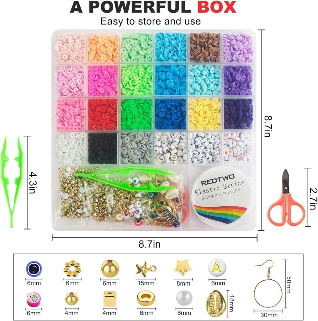 Redtwo 6200 Pcs Clay Beads Bracelet Making Kit, Flat Round Polymer Heishi Friendship Bracelet Jewelry Kit with Charms and Elastic Strings for Girls 8-12 Gifts for Kids